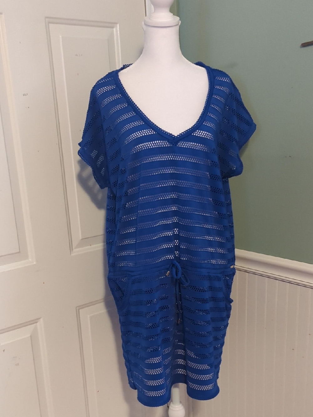 Calvin Klein Royal Blue Open-Knit V-Neck Swim Cover-Up Women's Large Pockets